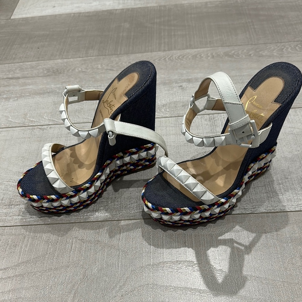 Christian Louboutin White and Blue Wedge Shoes